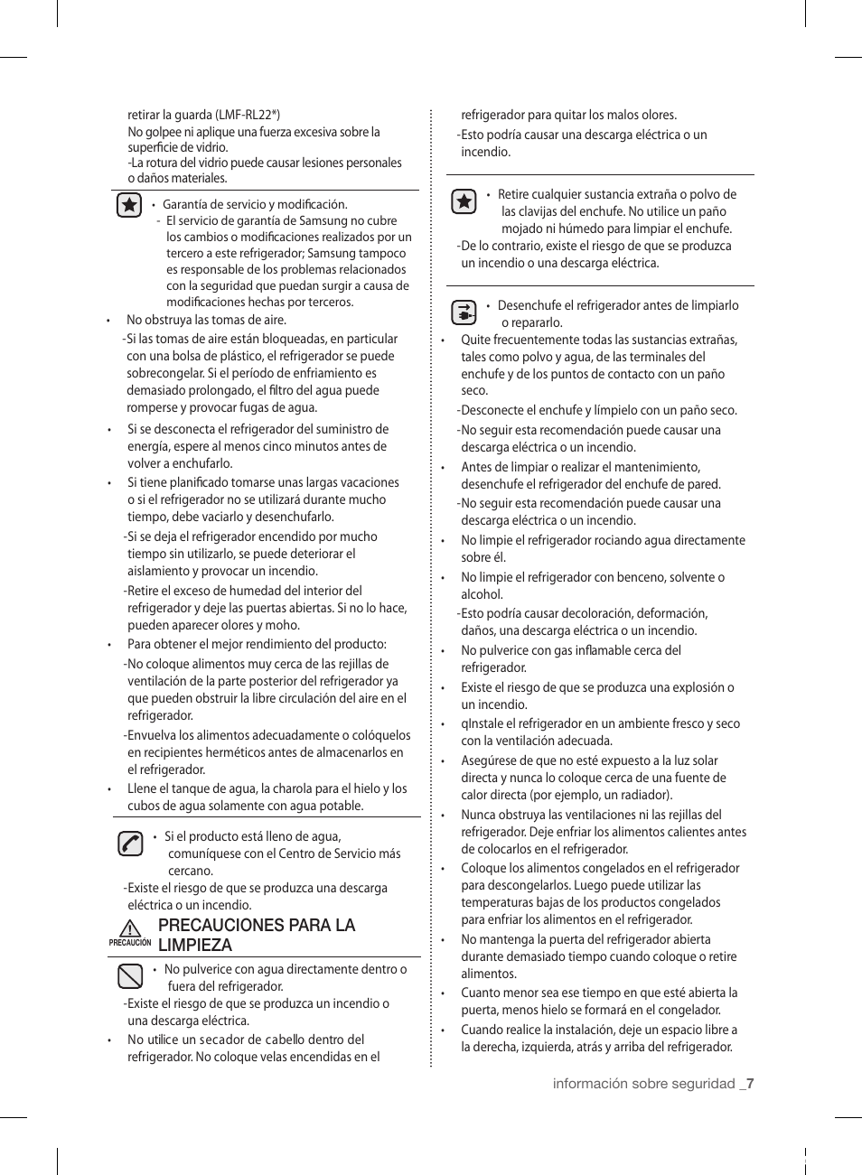 Precauciones para la limpieza | Samsung RL220NCTASR-AA User Manual | Page 39 / 96