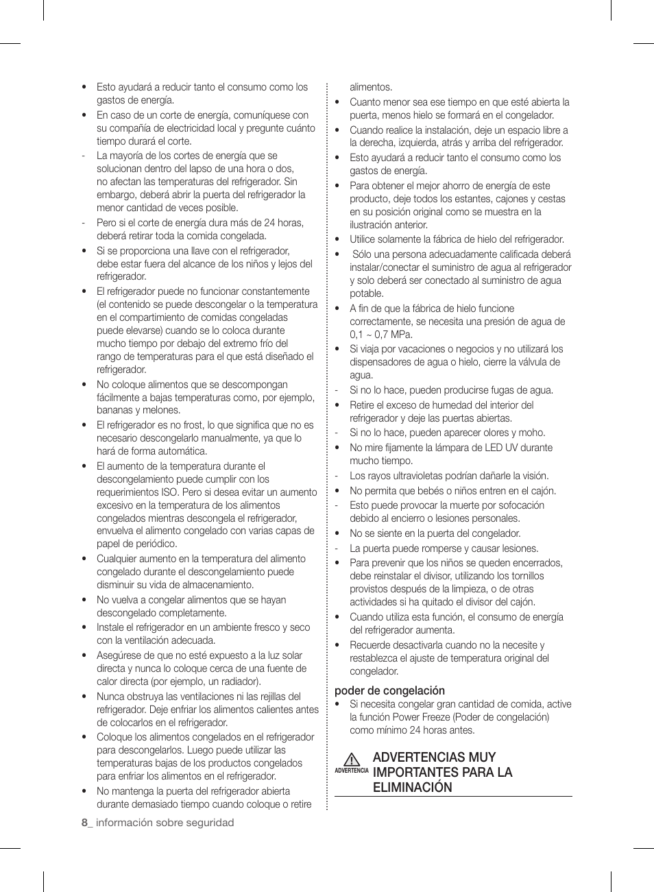 Advertencias muy importantes para la eliminación | Samsung RL220NCTASR-AA User Manual | Page 40 / 96