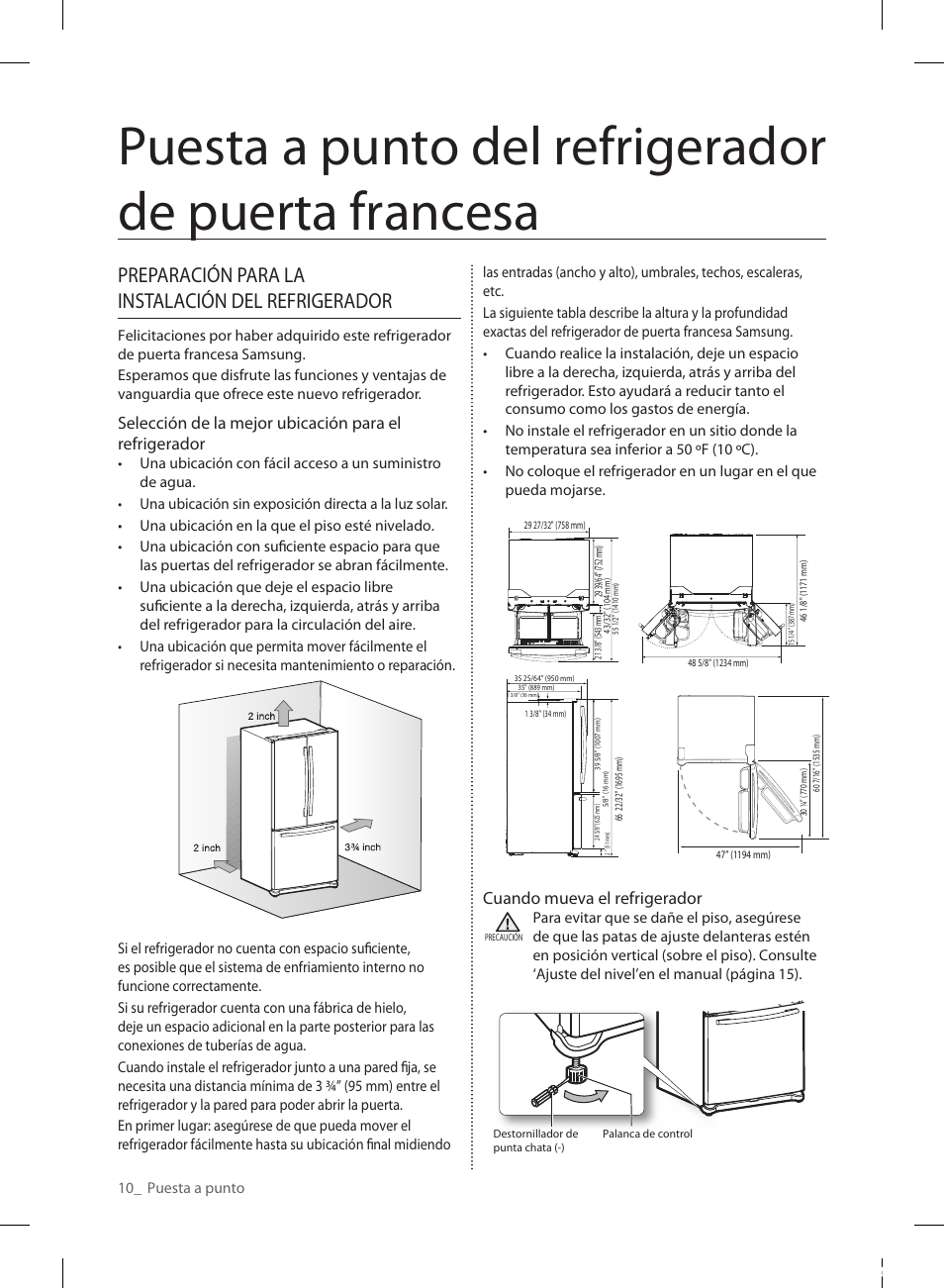 Puesta a punto del refrigerador de puerta francesa, Preparación para la instalación del refrigerador | Samsung RL220NCTASR-AA User Manual | Page 42 / 96