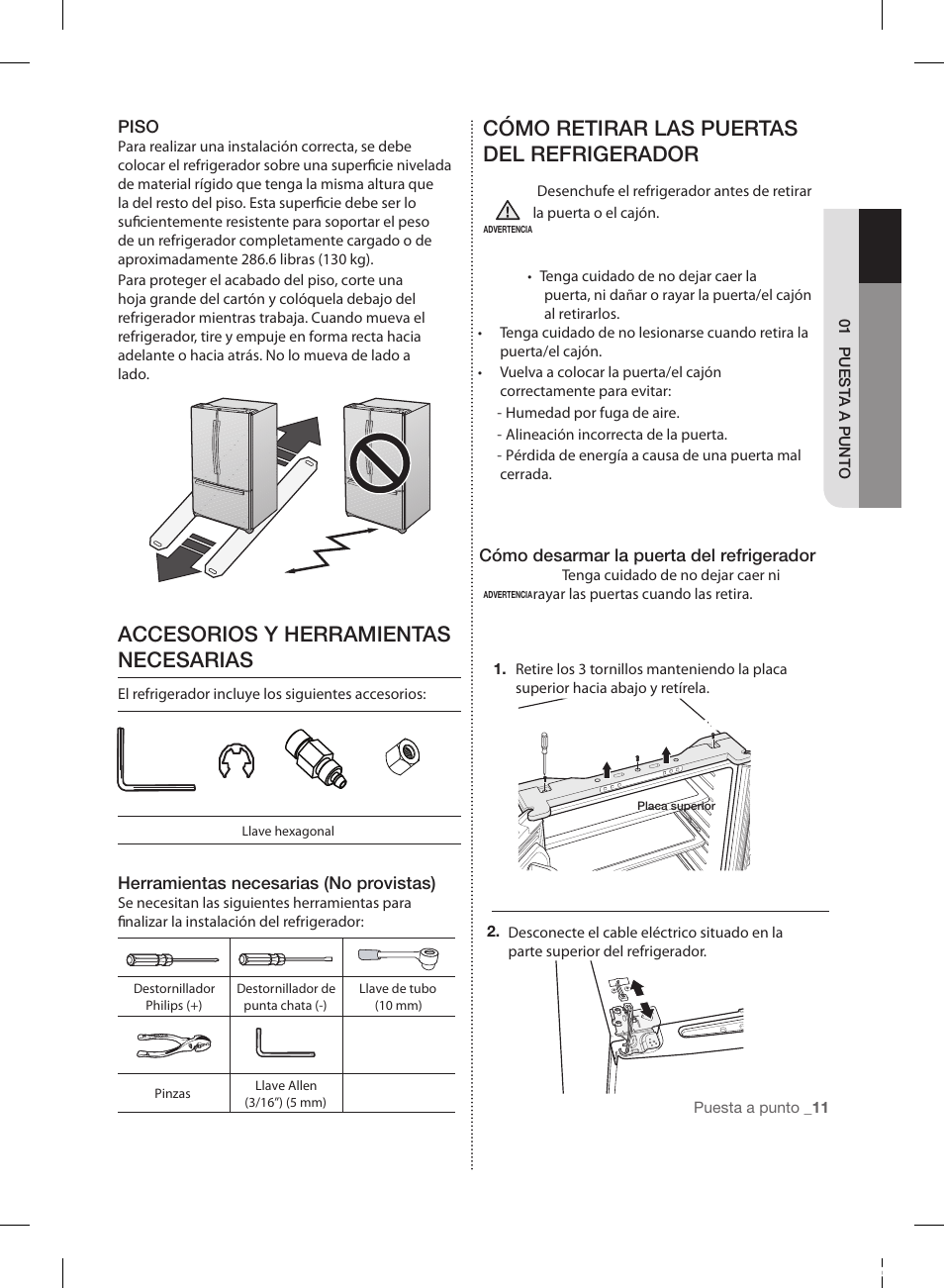 Cómo retirar las puertas del refrigerador, Accesorios y herramientas necesarias | Samsung RL220NCTASR-AA User Manual | Page 43 / 96