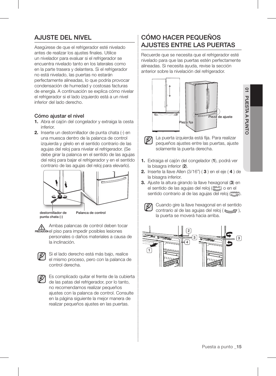 Ajuste del nivel, Cómo hacer pequeños ajustes entre las puertas, Cómo ajustar el nivel | Samsung RL220NCTASR-AA User Manual | Page 47 / 96