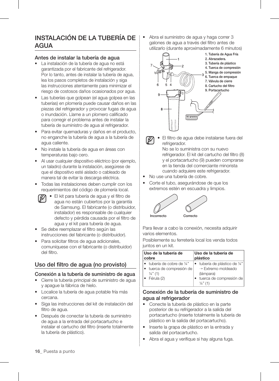 Instalación de la tubería de agua, Uso del fi ltro de agua (no provisto) | Samsung RL220NCTASR-AA User Manual | Page 48 / 96