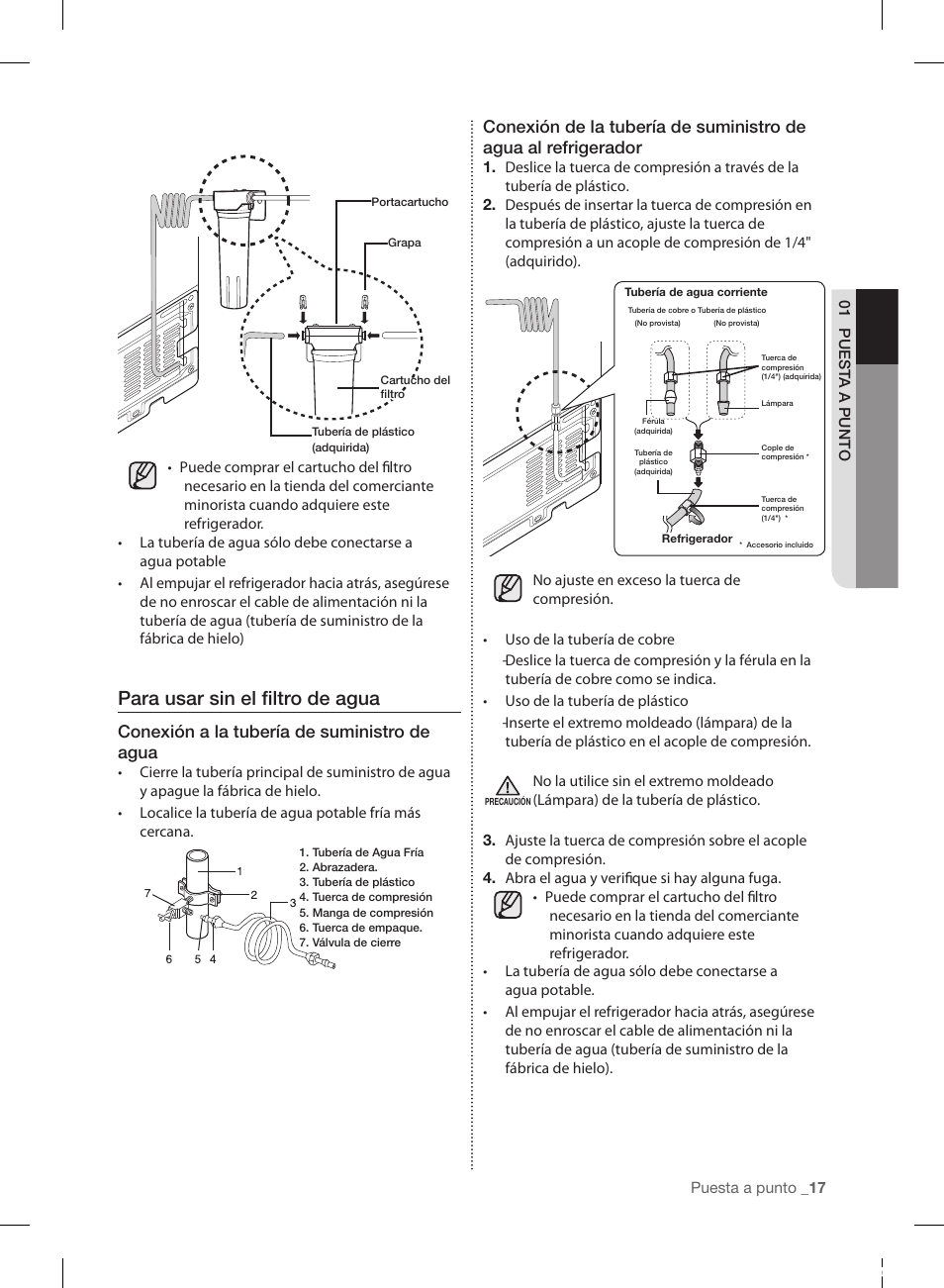 Para usar sin el fi ltro de agua, Conexión a la tubería de suministro de agua | Samsung RL220NCTASR-AA User Manual | Page 49 / 96