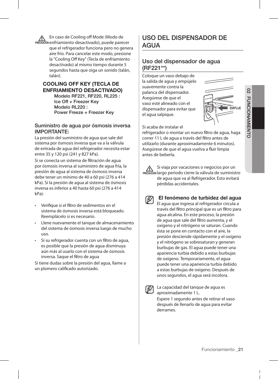 Uso del dispensador de agua, Uso del dispensador de agua (rf221**) | Samsung RL220NCTASR-AA User Manual | Page 53 / 96