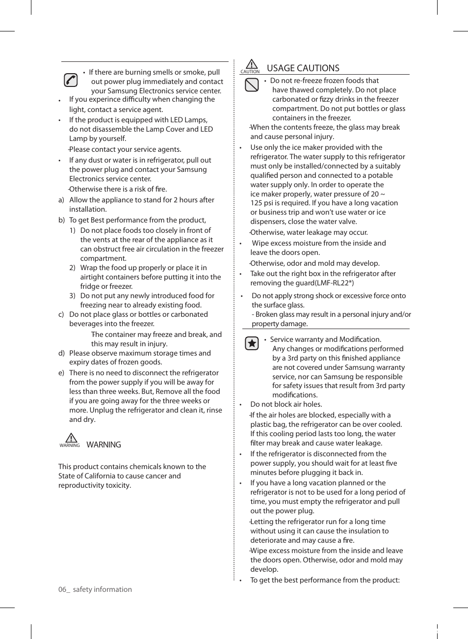 Usage cautions | Samsung RL220NCTASR-AA User Manual | Page 6 / 96