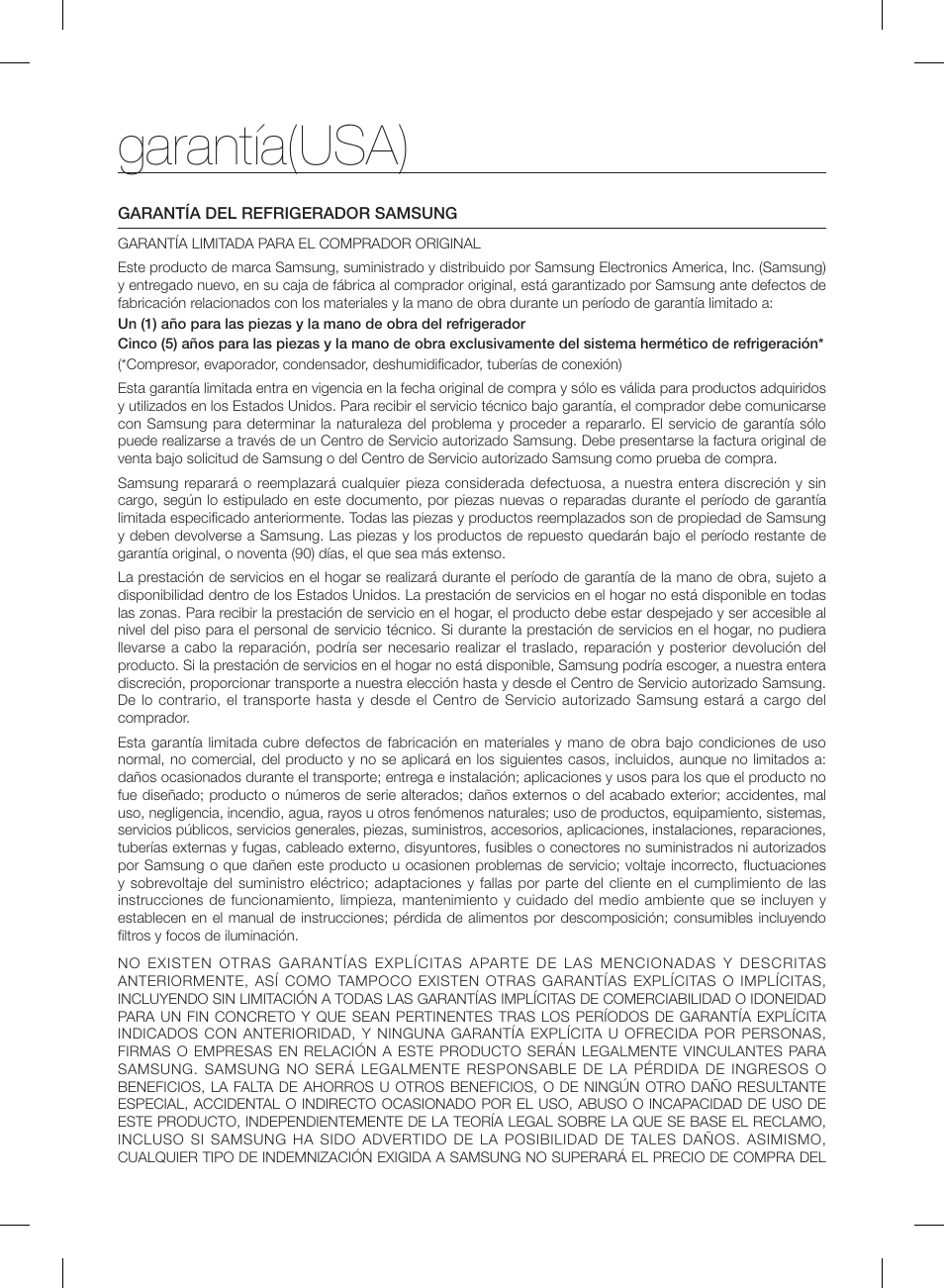 Garantía(usa) | Samsung RL220NCTASR-AA User Manual | Page 61 / 96