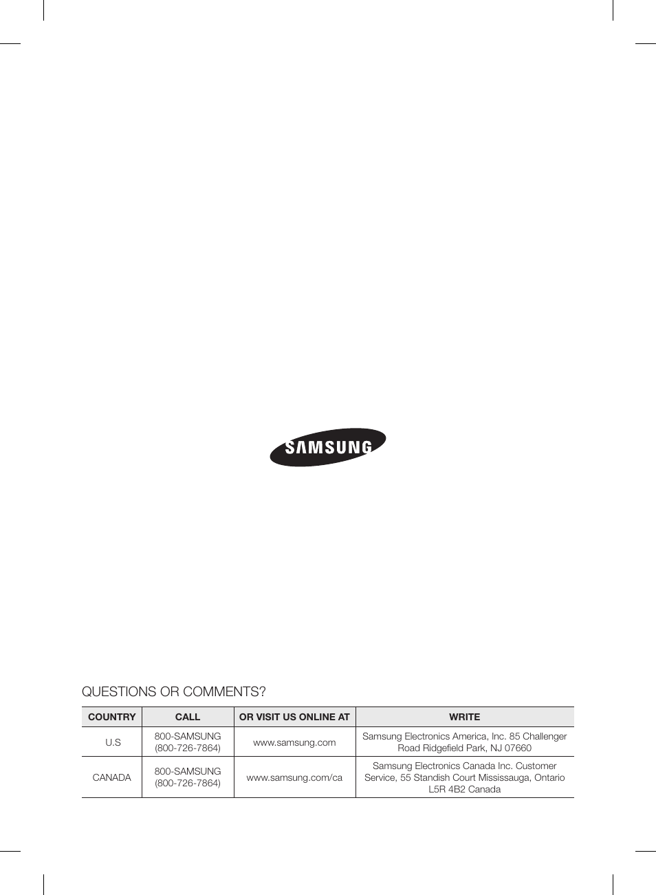 Questions or comments | Samsung RL220NCTASR-AA User Manual | Page 64 / 96