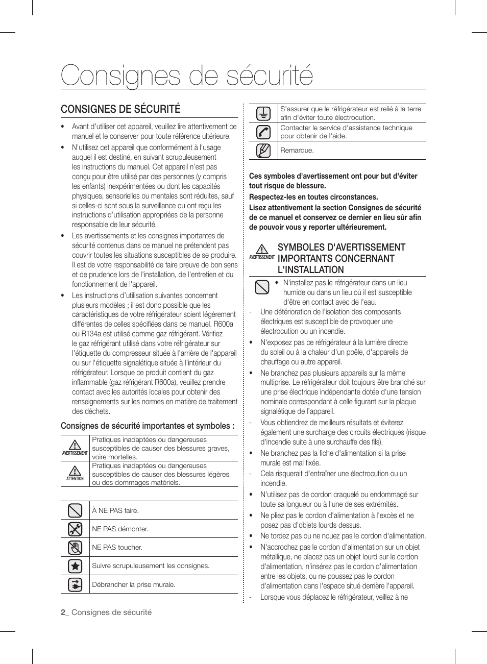Consignes de sécurité | Samsung RL220NCTASR-AA User Manual | Page 66 / 96