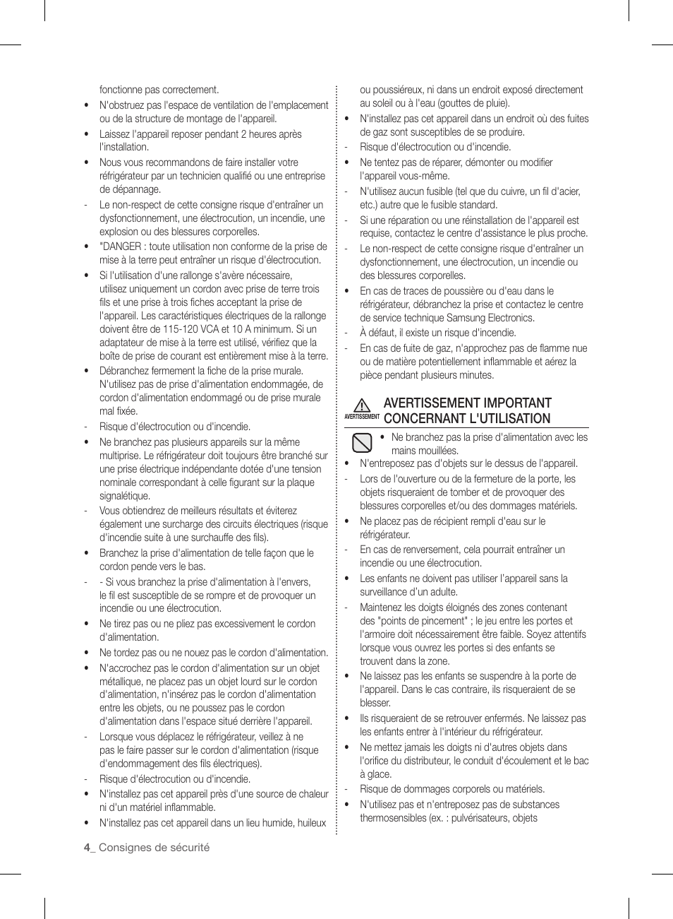 Avertissement important concernant l'utilisation | Samsung RL220NCTASR-AA User Manual | Page 68 / 96