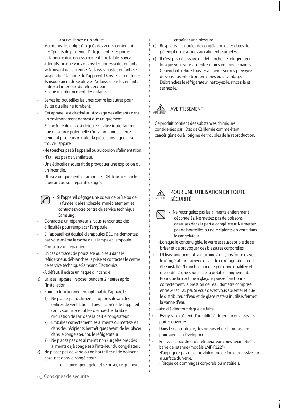 Pour une utilisation en toute sécurité | Samsung RL220NCTASR-AA User Manual | Page 70 / 96