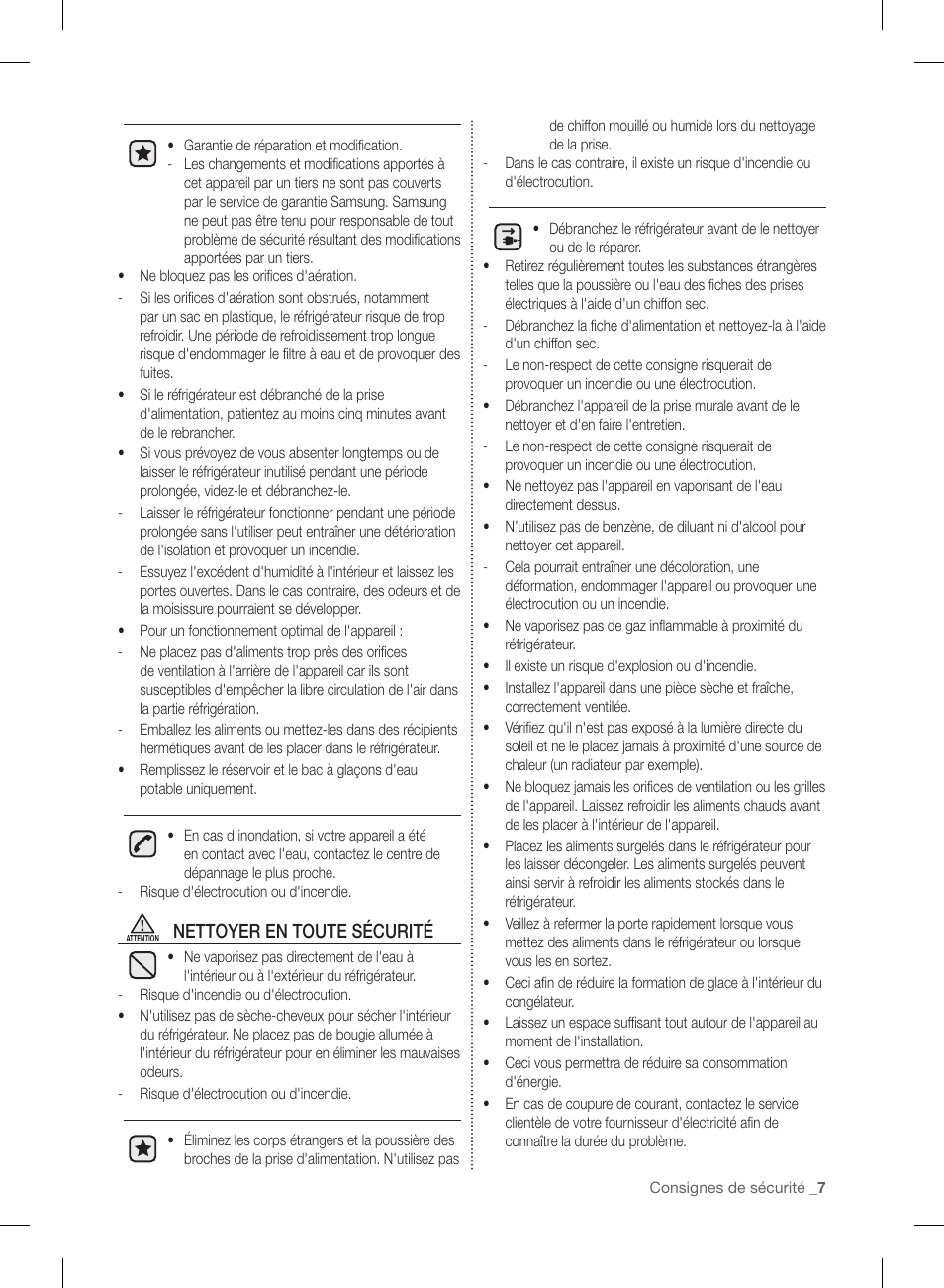 Nettoyer en toute sécurité | Samsung RL220NCTASR-AA User Manual | Page 71 / 96
