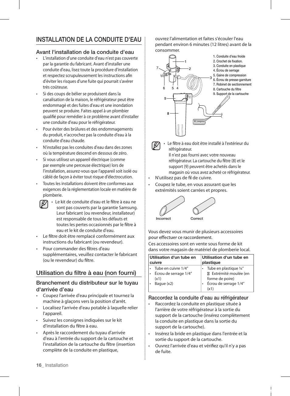 Installation de la conduite d'eau, Utilisation du fi ltre à eau (non fourni) | Samsung RL220NCTASR-AA User Manual | Page 80 / 96