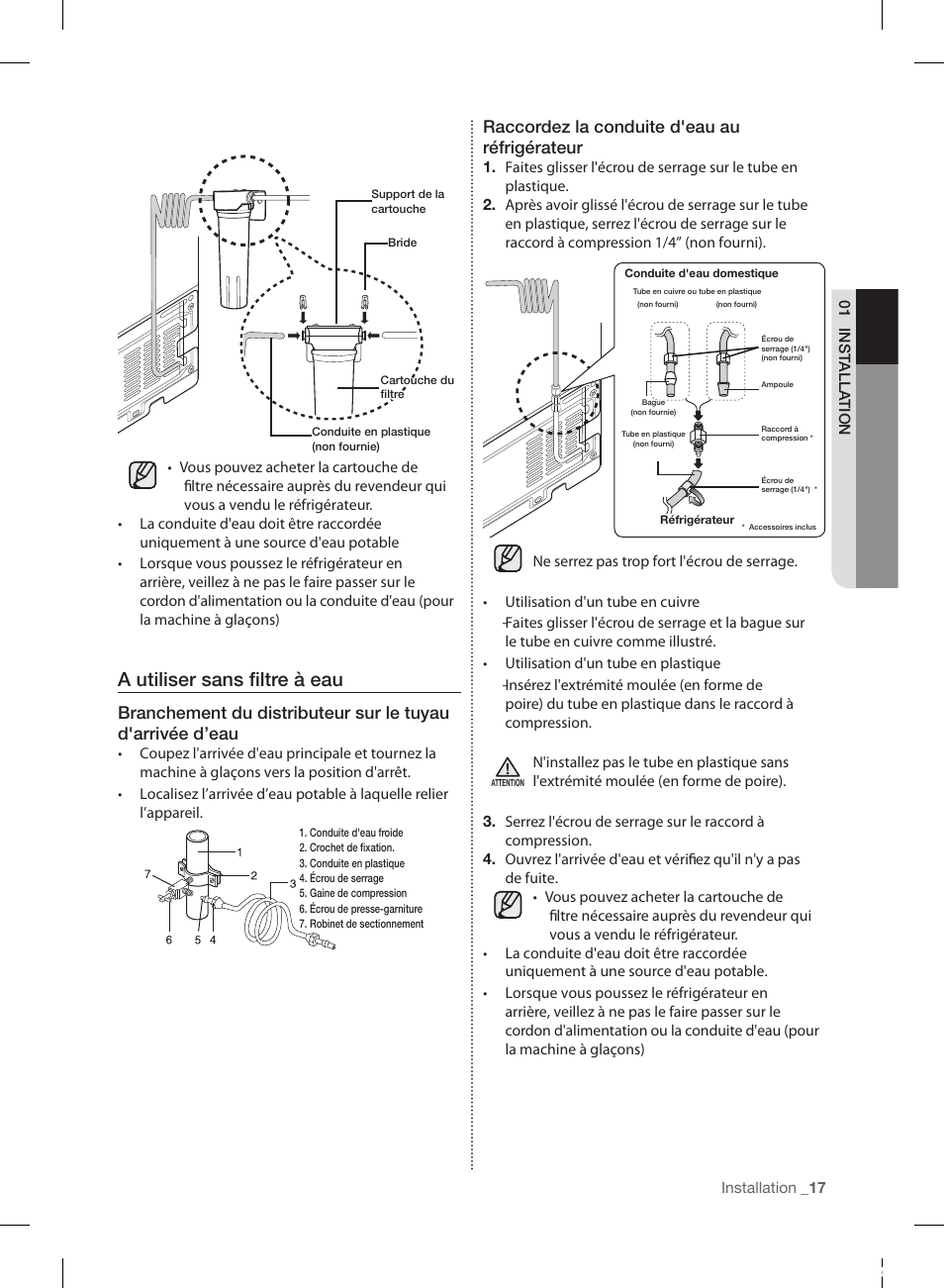 A utiliser sans fi ltre à eau, Raccordez la conduite d'eau au réfrigérateur | Samsung RL220NCTASR-AA User Manual | Page 81 / 96