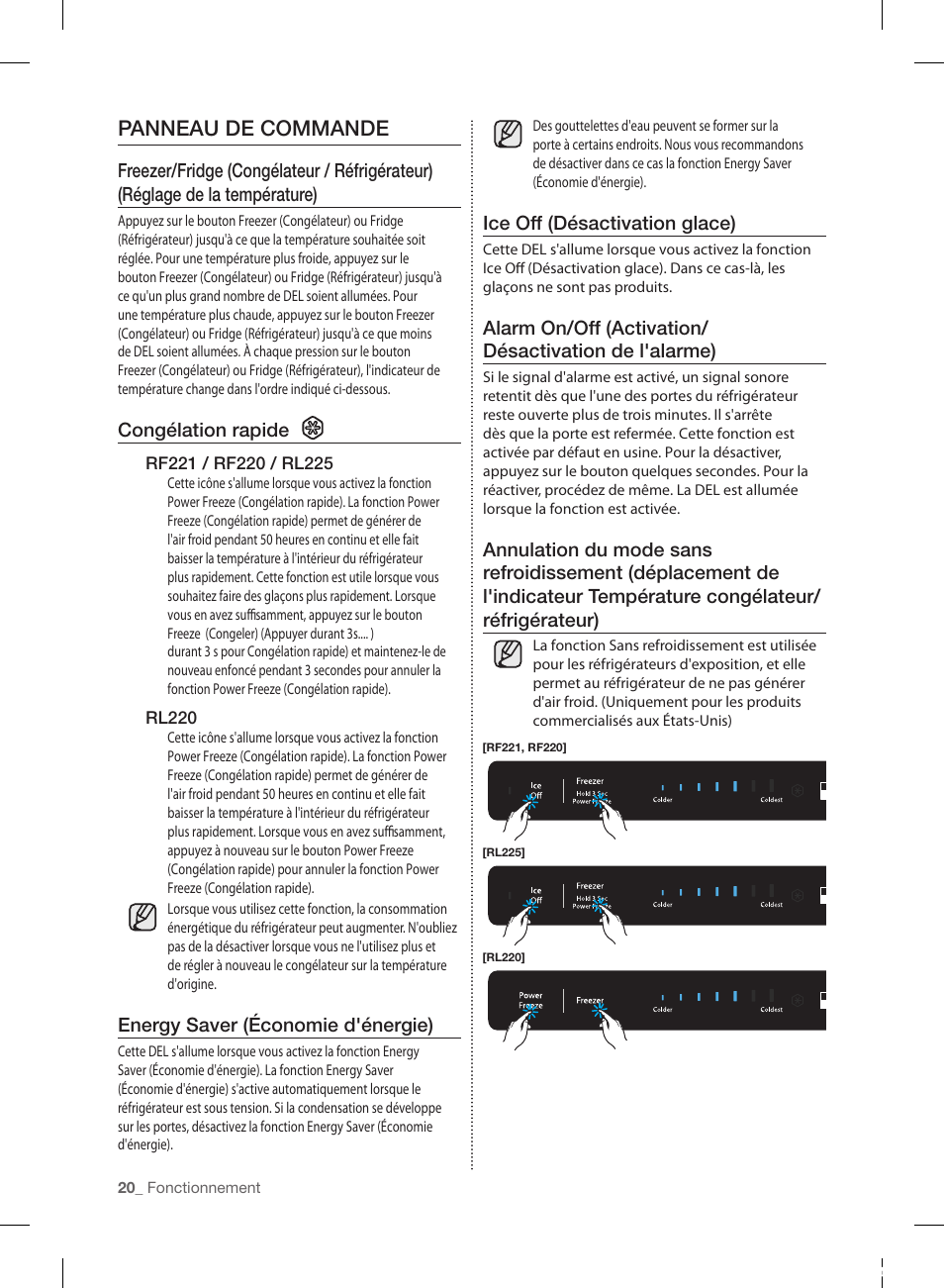 Panneau de commande, Congélation rapide, Energy saver (économie d'énergie) | Ice off (désactivation glace) | Samsung RL220NCTASR-AA User Manual | Page 84 / 96