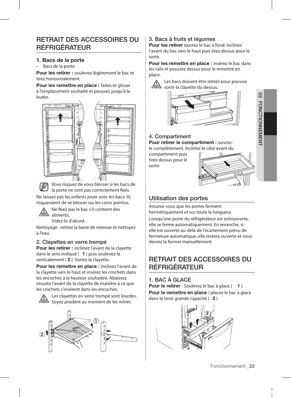 Retrait des accessoires du réfrigérateur, Utilisation des portes | Samsung RL220NCTASR-AA User Manual | Page 87 / 96