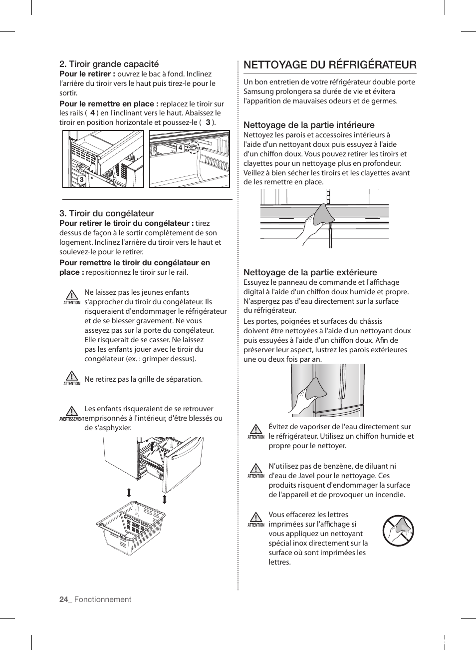 Nettoyage du réfrigérateur | Samsung RL220NCTASR-AA User Manual | Page 88 / 96