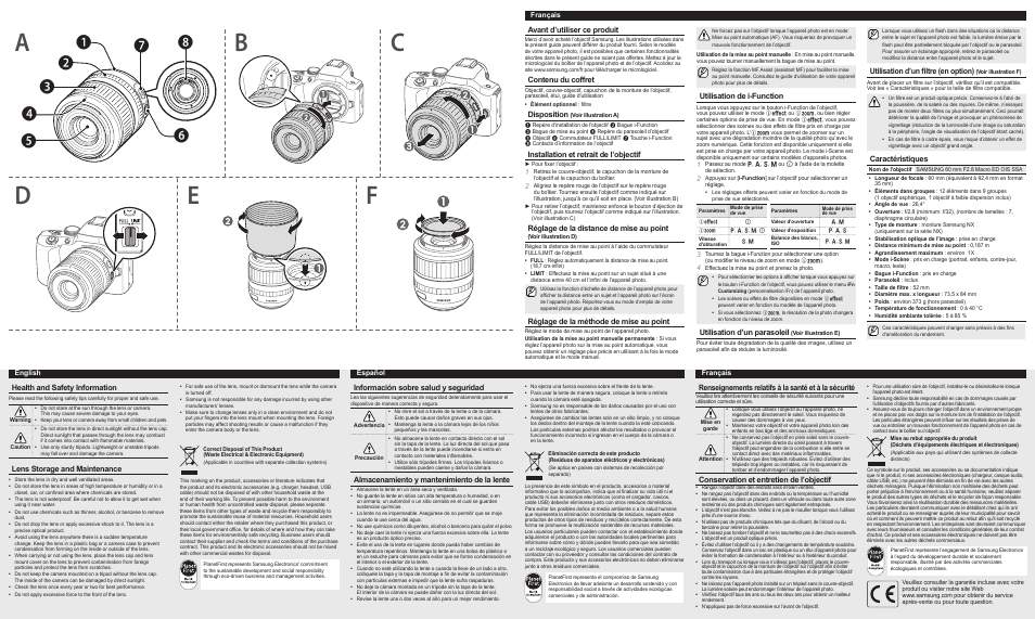 Avant d’utiliser ce produit, Contenu du coffret, Disposition | Installation et retrait de l’objectif, Réglage de la distance de mise au point, Réglage de la méthode de mise au point, Utilisation de i-function, Utilisation d’un parasoleil, Health and safety information, Lens storage and maintenance | Samsung EX-M60SB-US User Manual | Page 2 / 2