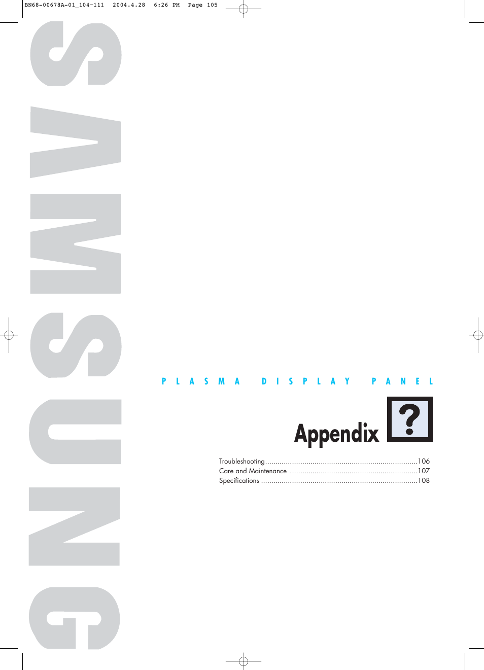 Appendix | Samsung HPP4261X-XAP User Manual | Page 105 / 112