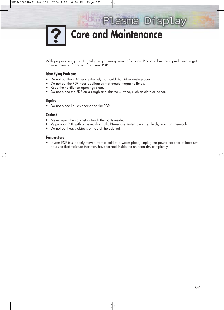 Care and maintenance | Samsung HPP4261X-XAP User Manual | Page 107 / 112