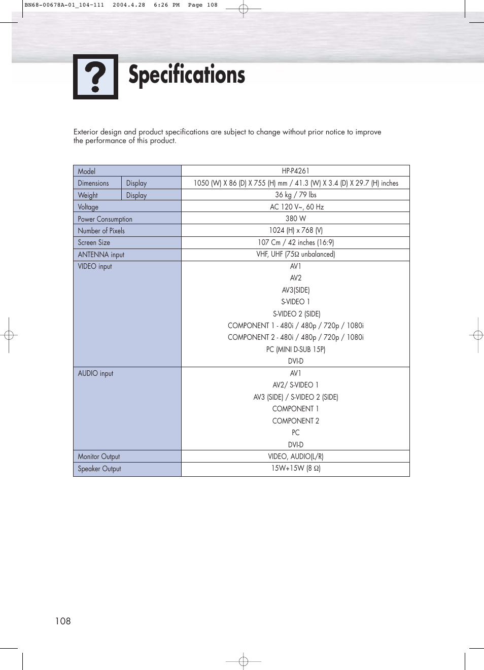 Specifications | Samsung HPP4261X-XAP User Manual | Page 108 / 112