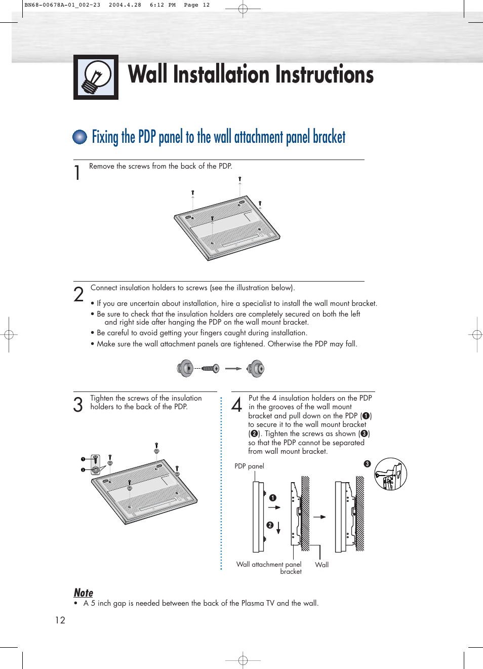 Wall installation instructions | Samsung HPP4261X-XAP User Manual | Page 12 / 112