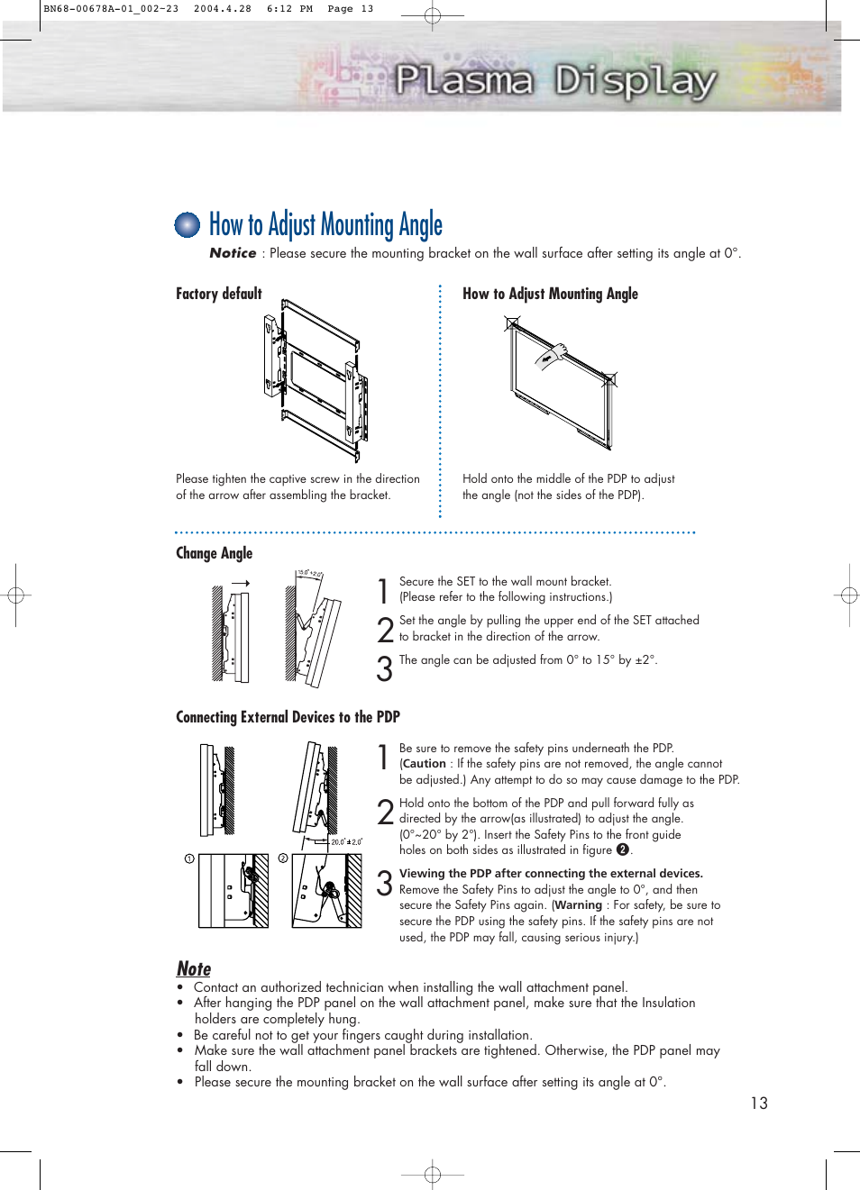 How to adjust mounting angle | Samsung HPP4261X-XAP User Manual | Page 13 / 112