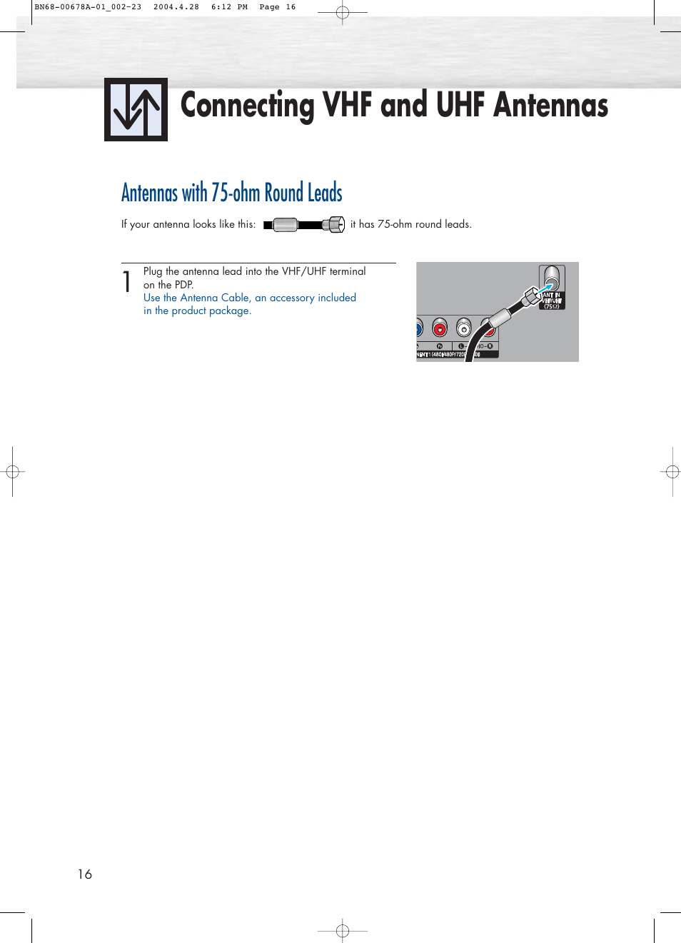 Connecting vhf and uhf antennas, Antennas with 75-ohm round leads | Samsung HPP4261X-XAP User Manual | Page 16 / 112