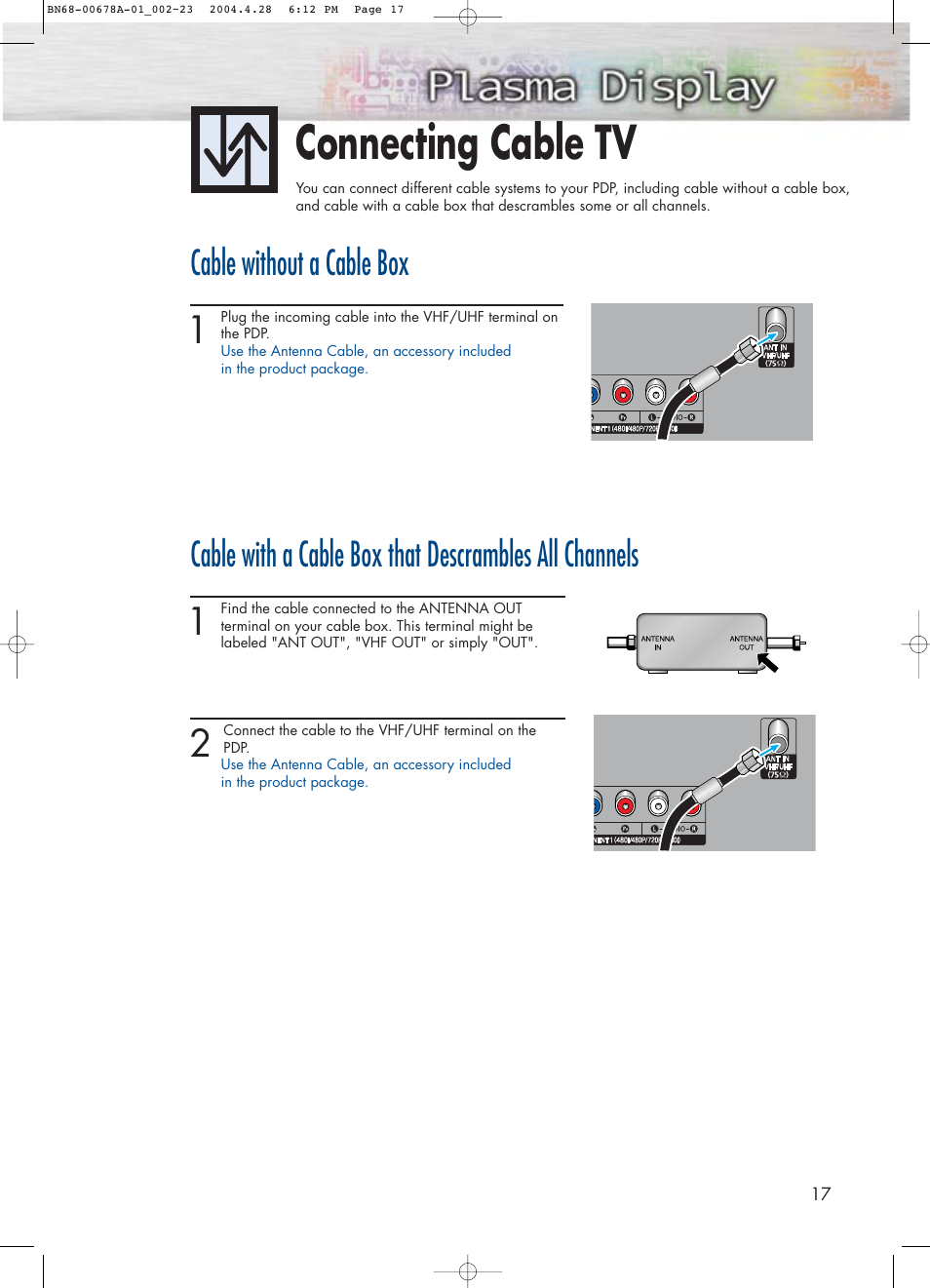 Connecting cable tv, Cable without a cable box | Samsung HPP4261X-XAP User Manual | Page 17 / 112