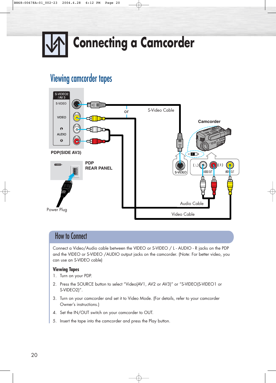 Connecting a camcorder, Viewing camcorder tapes, How to connect | Samsung HPP4261X-XAP User Manual | Page 20 / 112