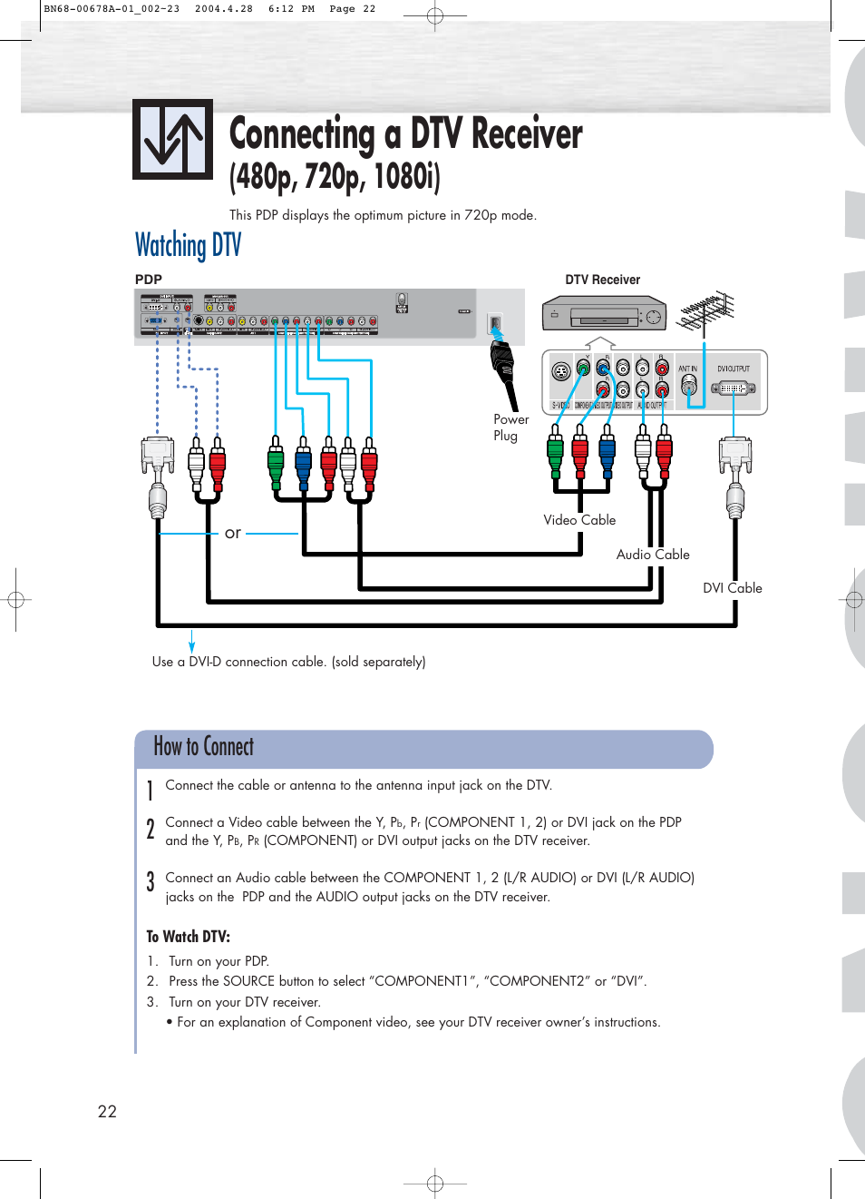 Connecting a dtv receiver, Watching dtv, How to connect 1 2 3 | Samsung HPP4261X-XAP User Manual | Page 22 / 112