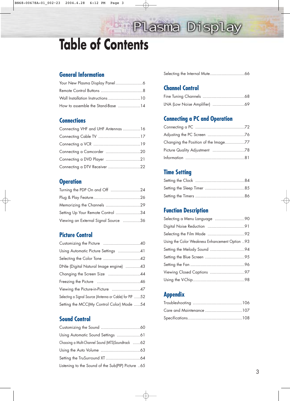 Samsung HPP4261X-XAP User Manual | Page 3 / 112