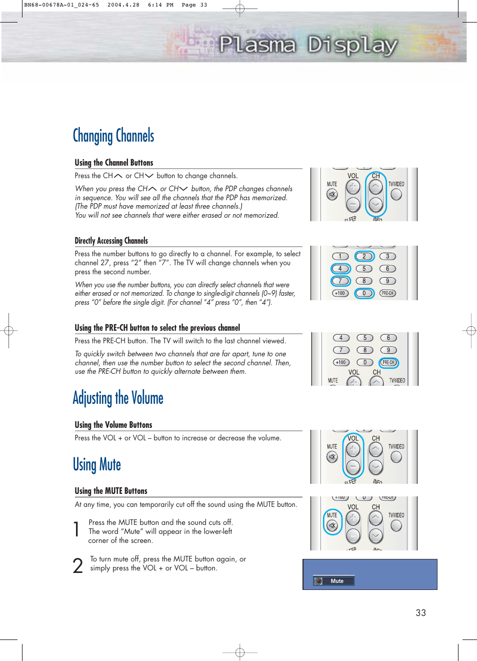 Changing channels, Adjusting the volume, Using mute | Samsung HPP4261X-XAP User Manual | Page 33 / 112