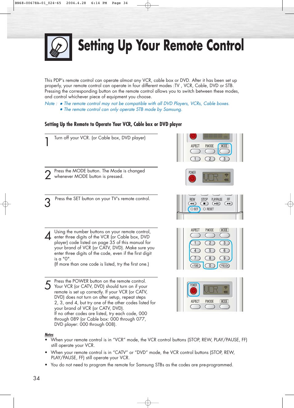 Setting up your remote control | Samsung HPP4261X-XAP User Manual | Page 34 / 112