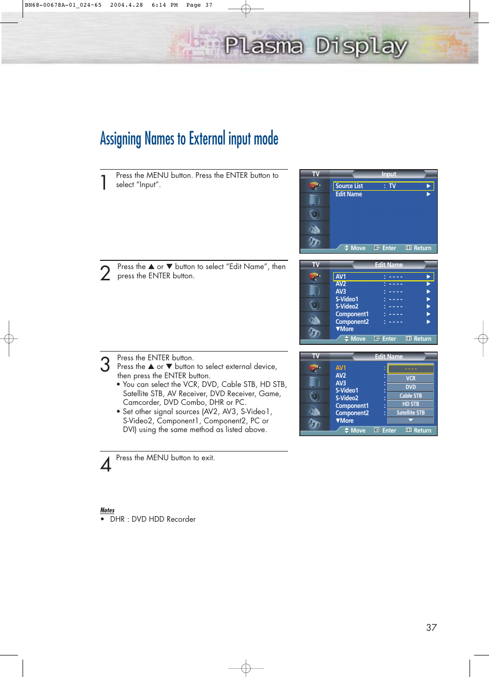 Assigning names to external input mode | Samsung HPP4261X-XAP User Manual | Page 37 / 112