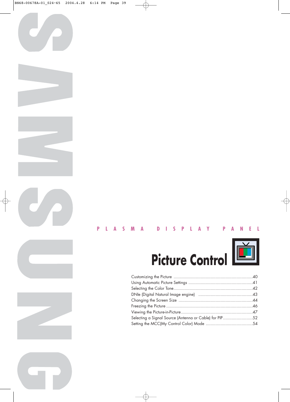 Picture control | Samsung HPP4261X-XAP User Manual | Page 39 / 112