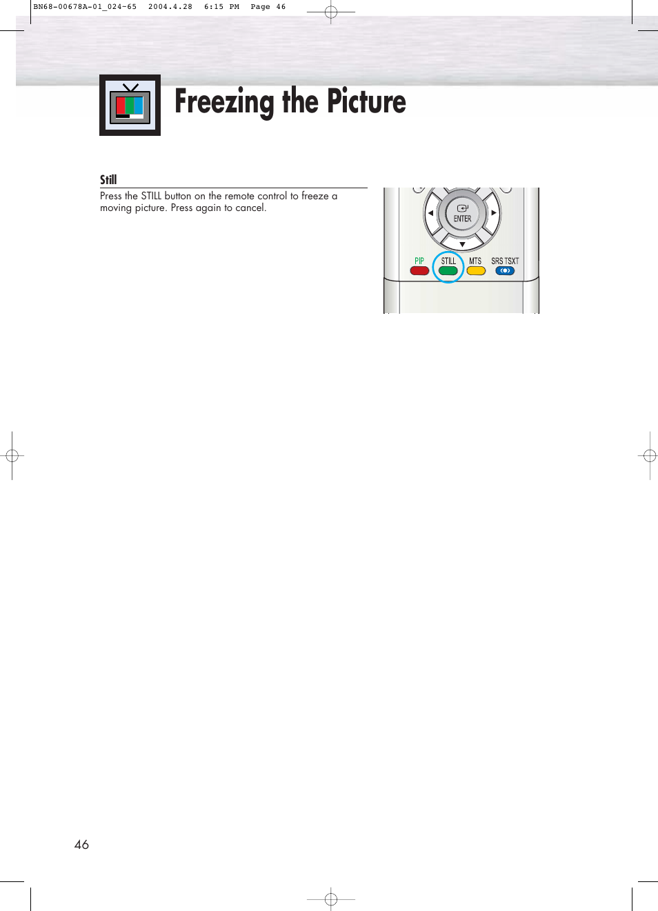 Freezing the picture | Samsung HPP4261X-XAP User Manual | Page 46 / 112