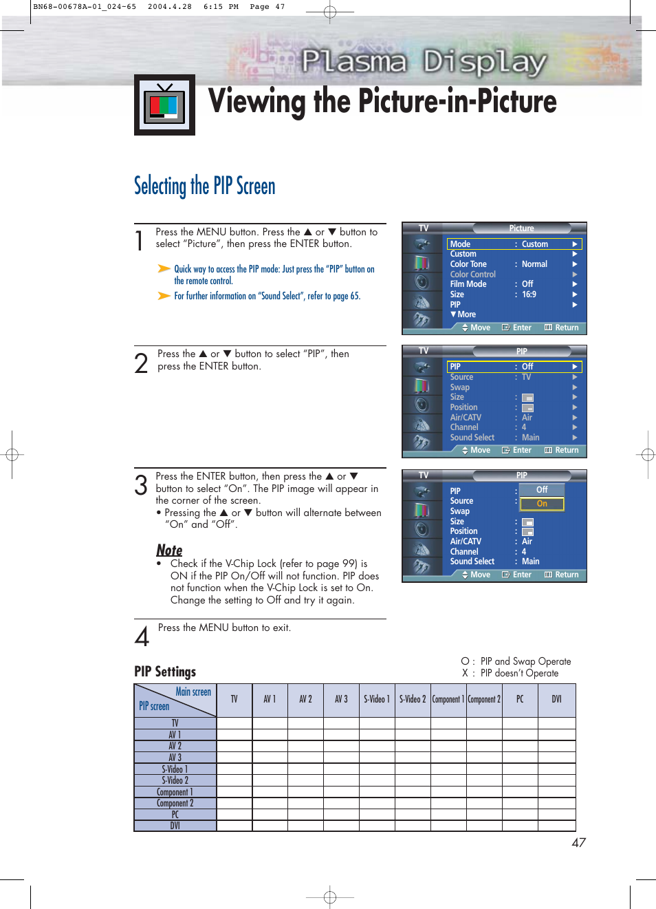 Viewing the picture-in-picture, Selecting the pip screen, Pip settings | Samsung HPP4261X-XAP User Manual | Page 47 / 112
