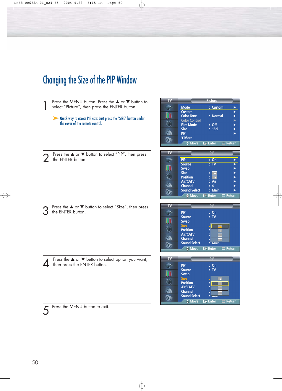 Changing the size of the pip window | Samsung HPP4261X-XAP User Manual | Page 50 / 112