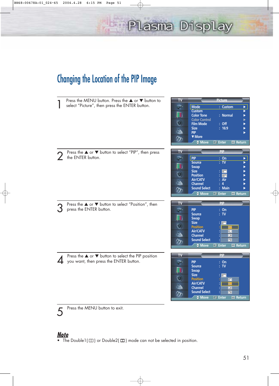 Changing the location of the pip image | Samsung HPP4261X-XAP User Manual | Page 51 / 112