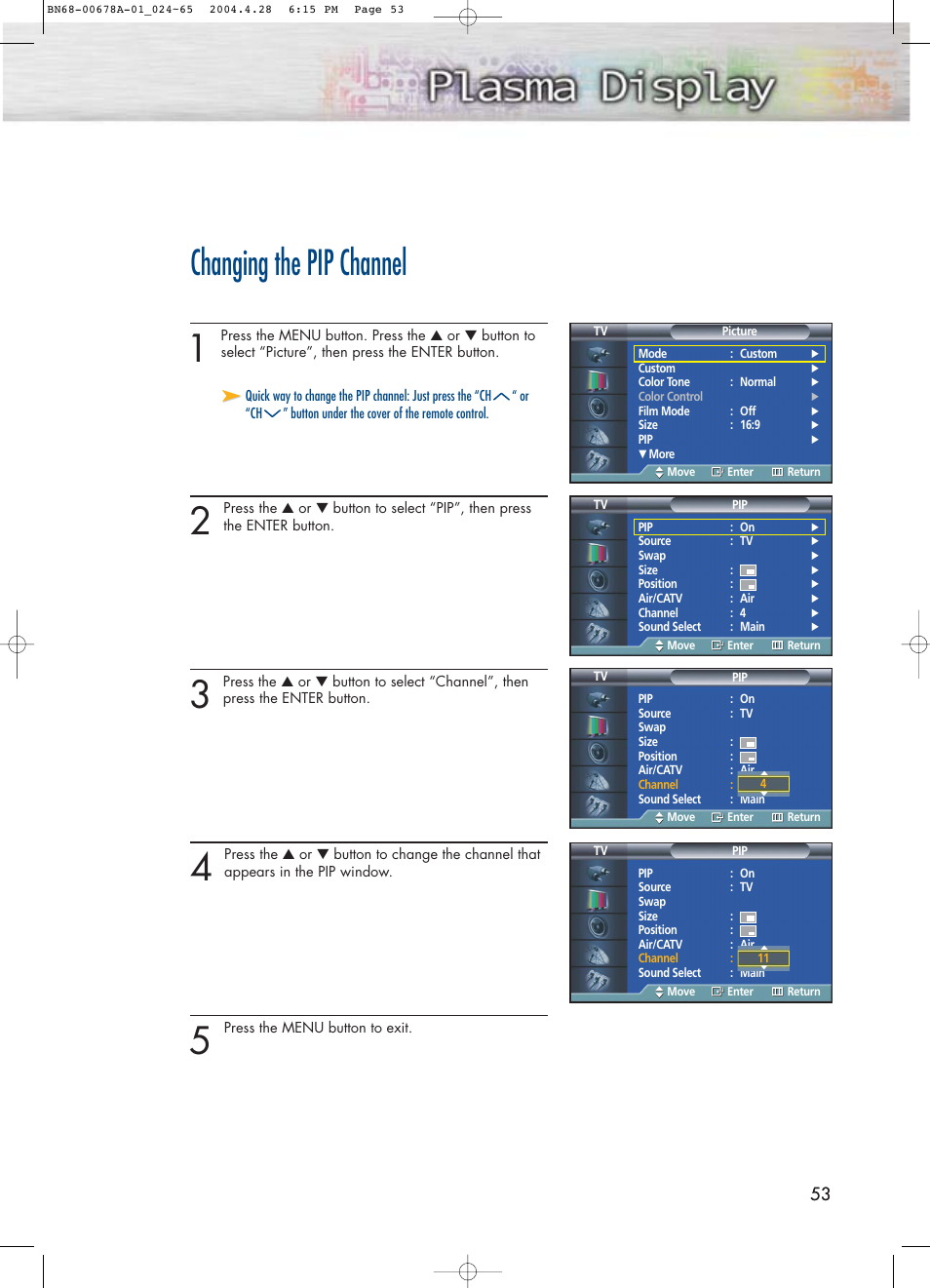 Changing the pip channel | Samsung HPP4261X-XAP User Manual | Page 53 / 112