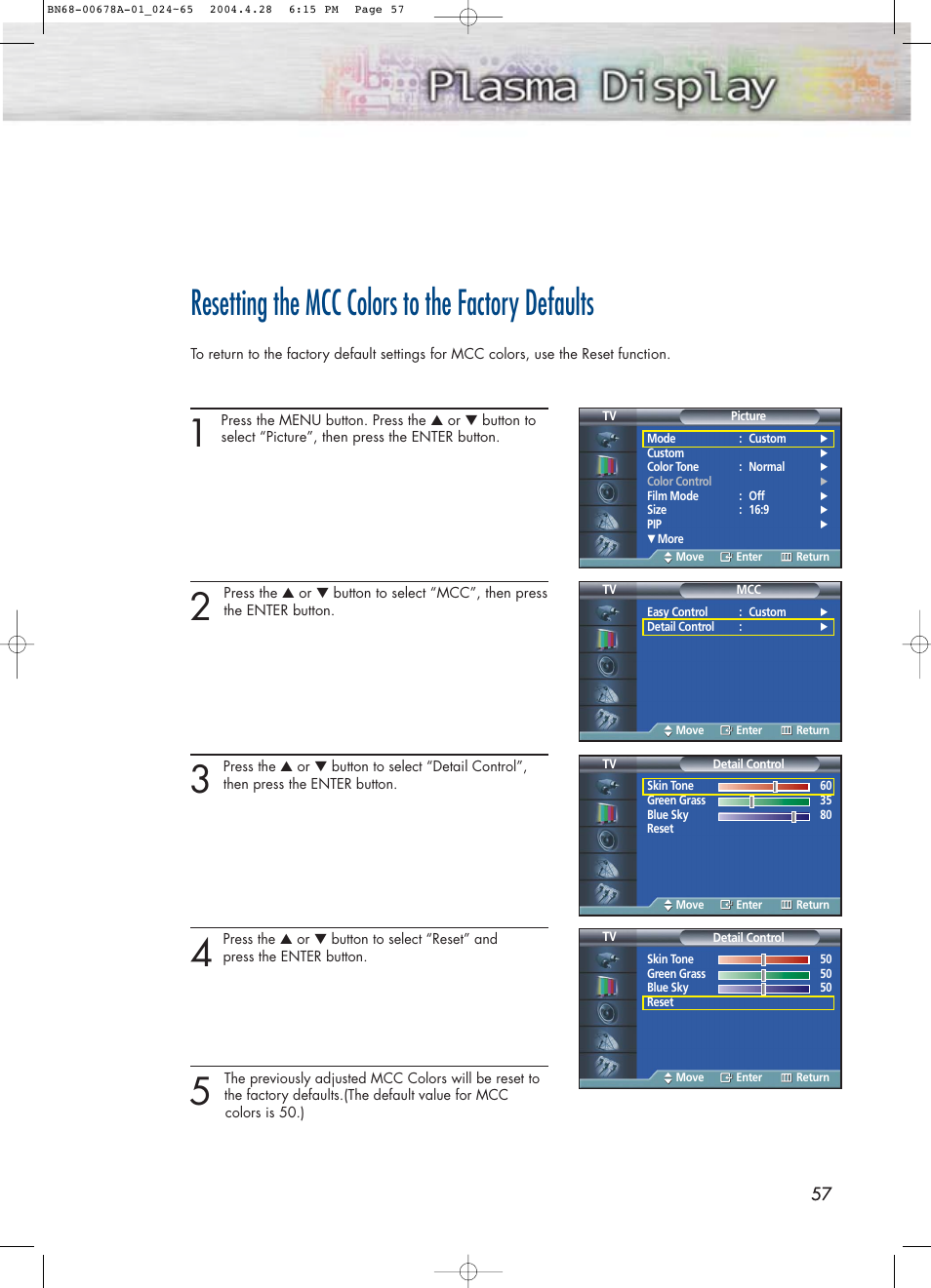 Resetting the mcc colors to the factory defaults | Samsung HPP4261X-XAP User Manual | Page 57 / 112