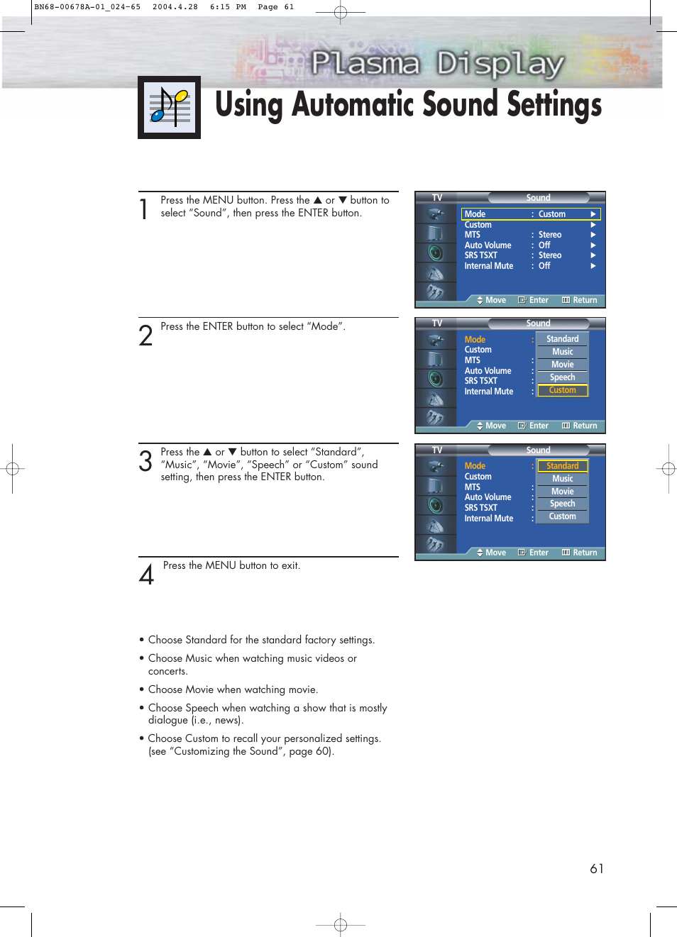 Using automatic sound settings | Samsung HPP4261X-XAP User Manual | Page 61 / 112