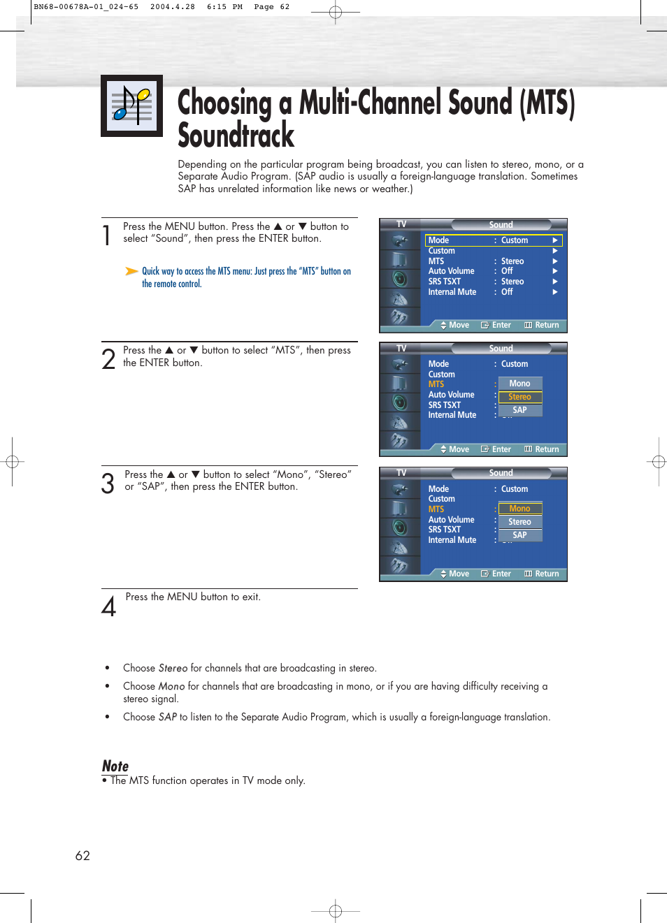 Choosing a multi-channel sound (mts)soundtrack, Choosing a multi-channel sound (mts) soundtrack | Samsung HPP4261X-XAP User Manual | Page 62 / 112