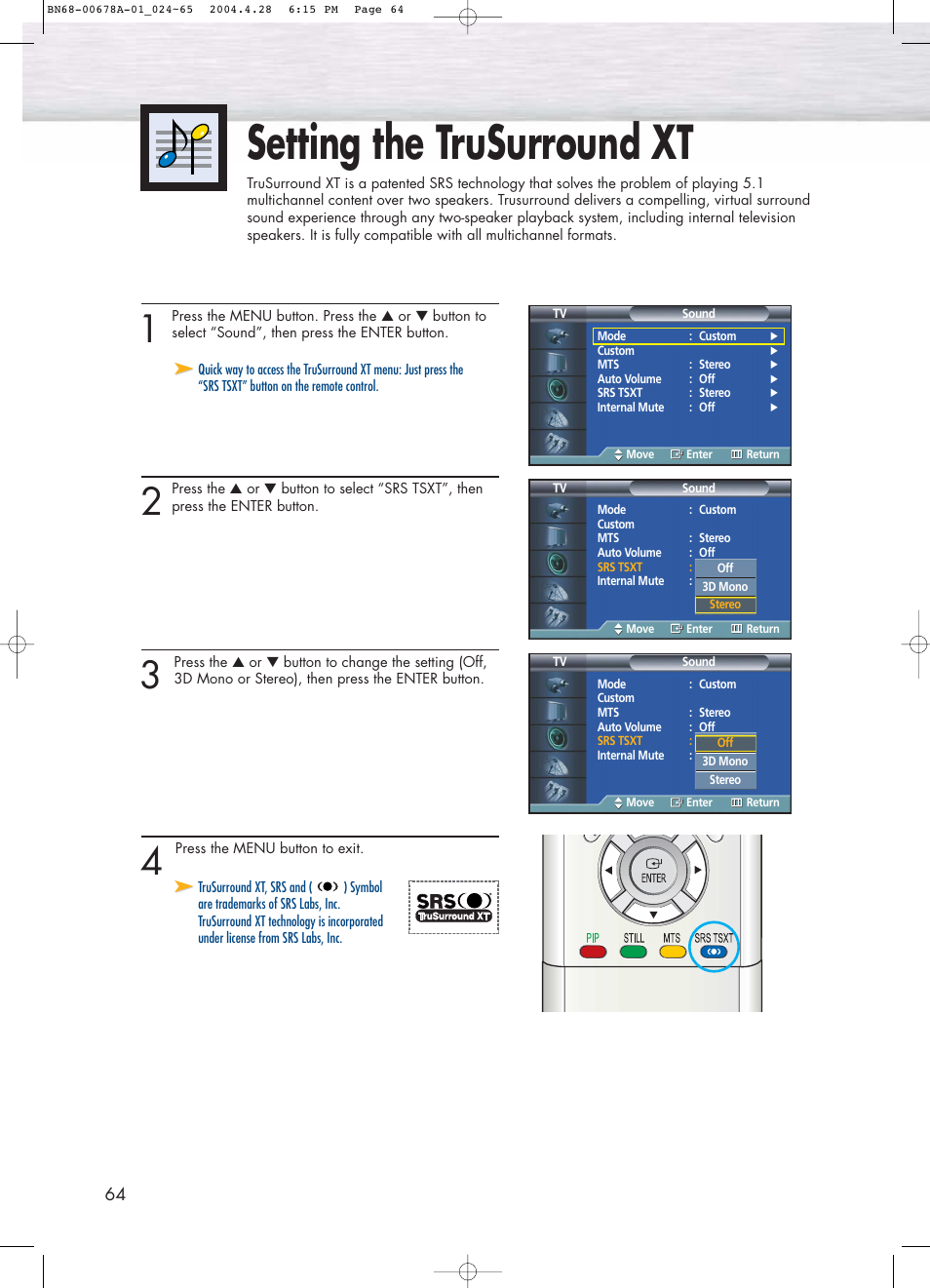 Setting the trusurround xt | Samsung HPP4261X-XAP User Manual | Page 64 / 112