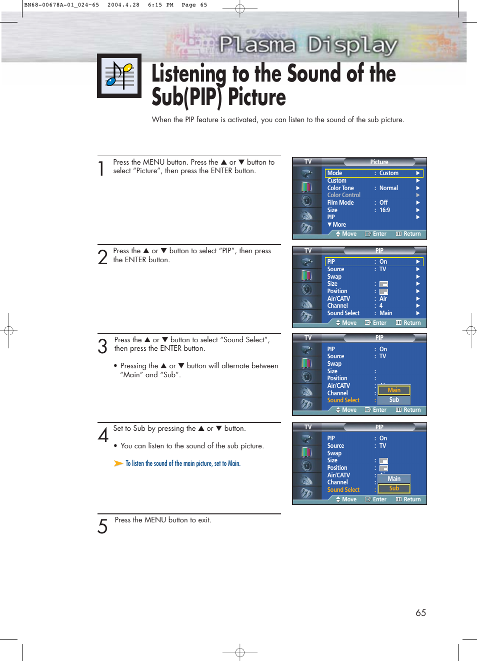 Listening to the sound of the sub(pip) picture | Samsung HPP4261X-XAP User Manual | Page 65 / 112