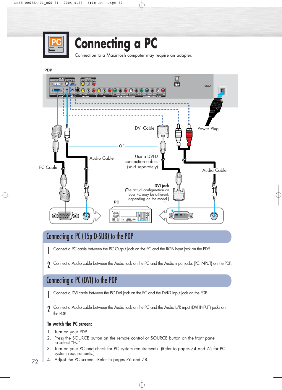 Connecting a pc, Connecting a pc (15p d-sub) to the pdp, 12 connecting a pc (dvi) to the pdp | Samsung HPP4261X-XAP User Manual | Page 72 / 112