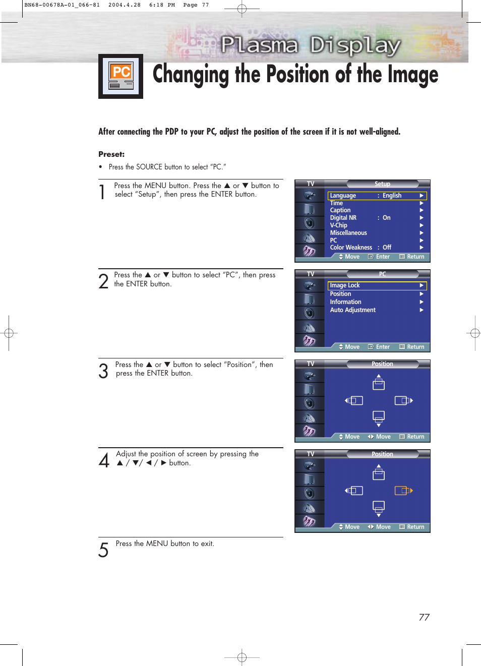 Changing the position of the image | Samsung HPP4261X-XAP User Manual | Page 77 / 112