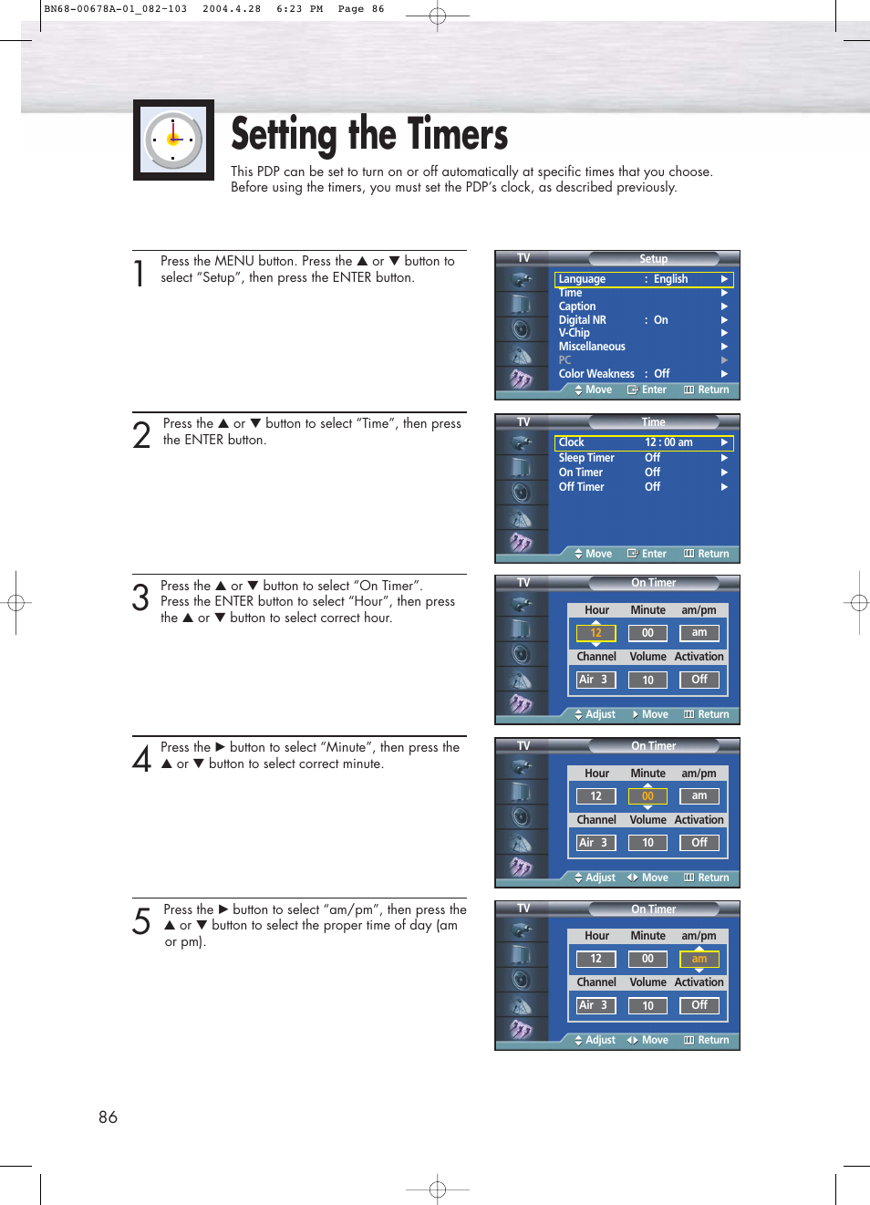 Setting the timers | Samsung HPP4261X-XAP User Manual | Page 86 / 112