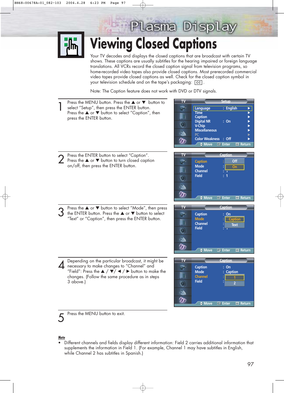 Viewing closed captions | Samsung HPP4261X-XAP User Manual | Page 97 / 112