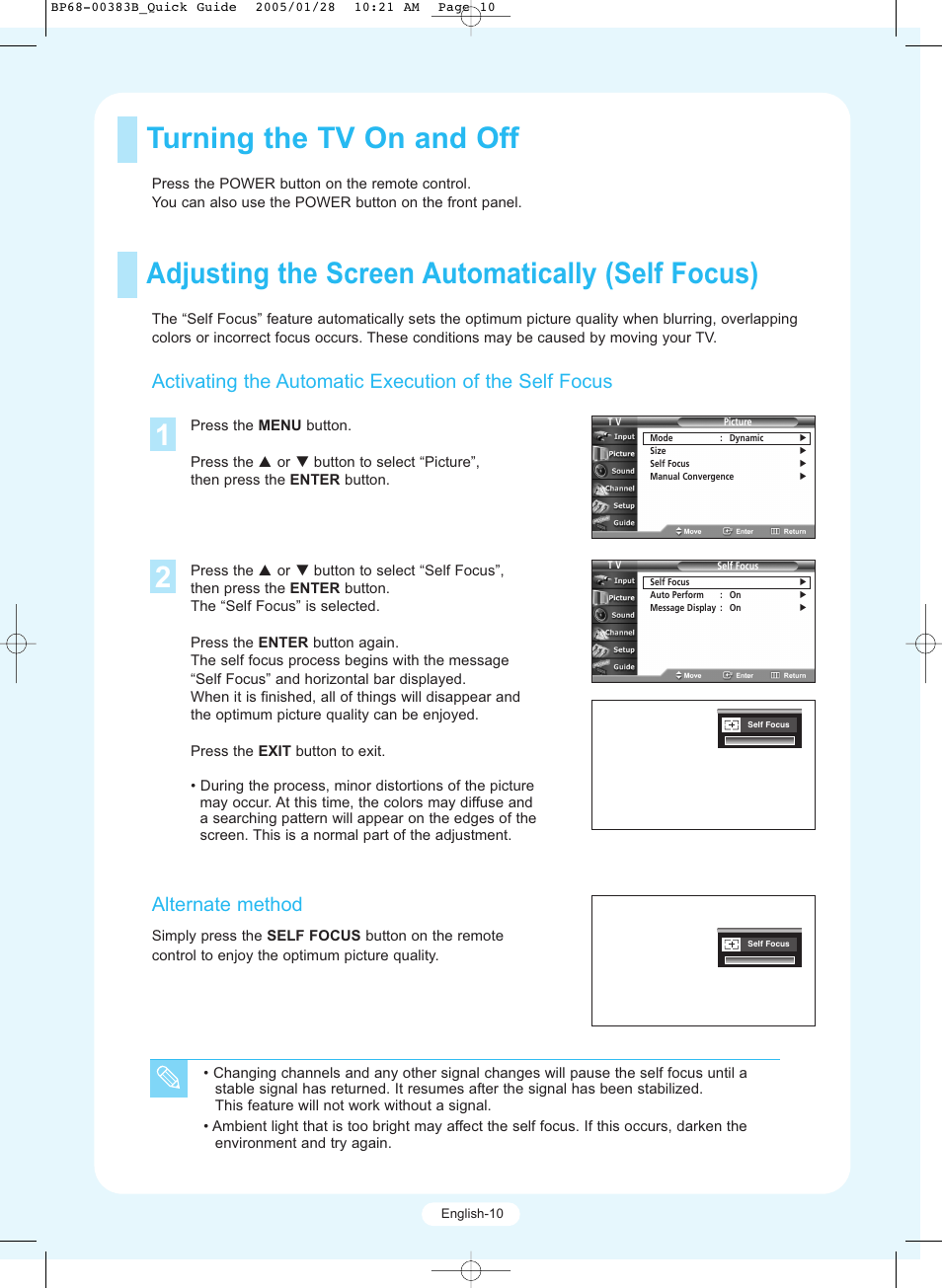 Turning the tv on and off, Adjusting the screen automatically (self focus), Alternate method | Samsung HCR4245WX-XAA User Manual | Page 10 / 20